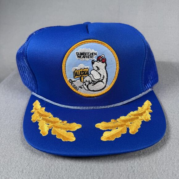Vintage Alaska SUBBITCHEN WEATHER Hat Cap Snap Back Rope Blue Trucker Mesh 80s - Picture 1 of 9
